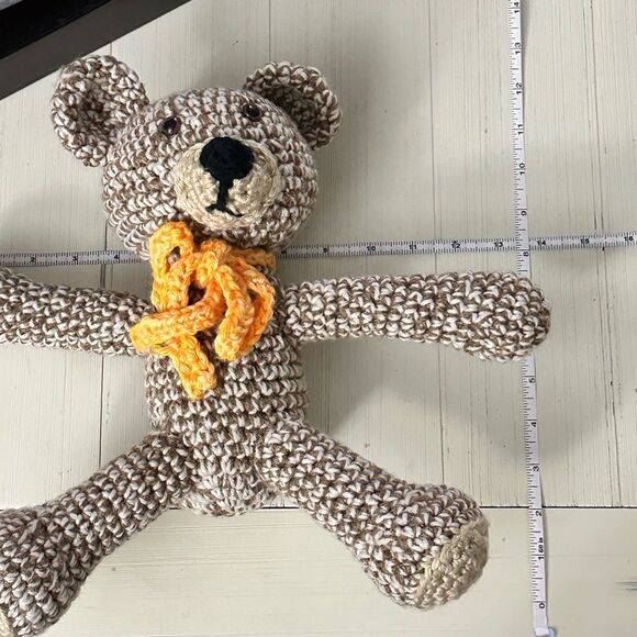 Handmade Crochet Stuffed Two Tone Brown Teddy Bear Stuffy Toy with Orange Scarf - Picture 11 of 12